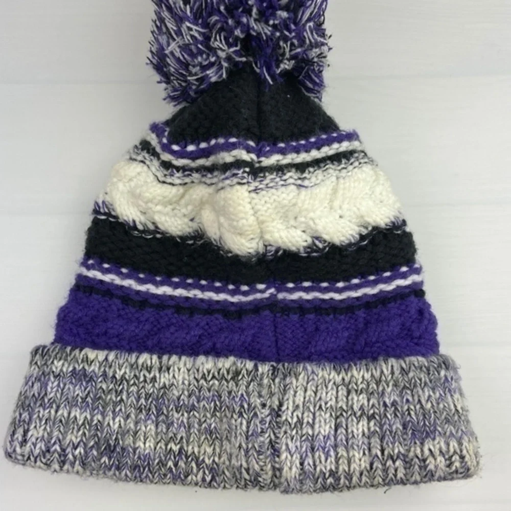 Joes Winter Hat Striped Knit Purple Black White Pom Pom Beanie Winter Hat